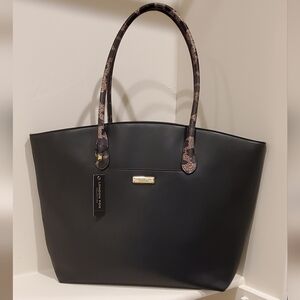 London Fog Large Rory Multi-Purpose Black Tote, Leopard Handles, Durable, NWT
